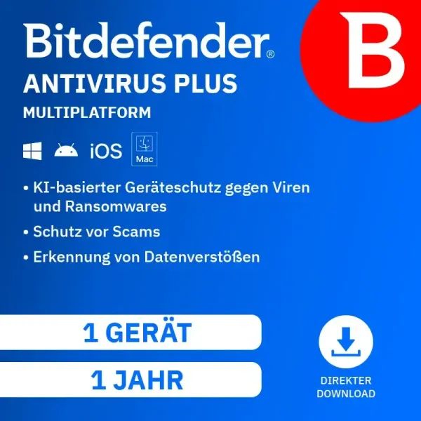 Bitdefender Antivirus Plus Multiplattform 2026 (Laufzeit: 2 Jahre / Geräte: 3 Geräte)