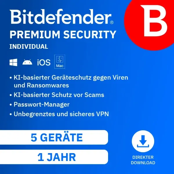 Bitdefender Premium Security Individual 2026 (Laufzeit: 1 Jahr)