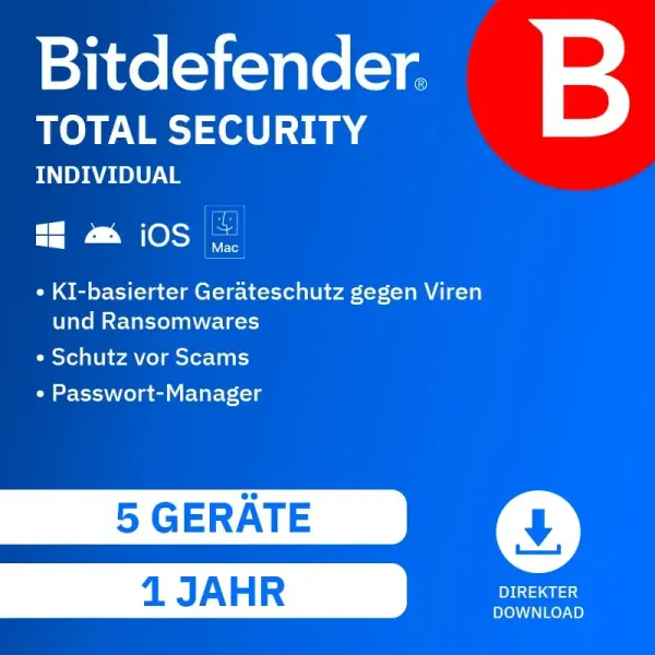 Bitdefender Total Security Individual 2026 (Laufzeit: 1 Jahr)